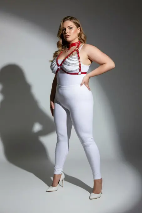 Büyük Beden Kırmızı Kadın Harness Takım Zincir Detaylı Fantezi Choker Yaka - APFT945 - 3