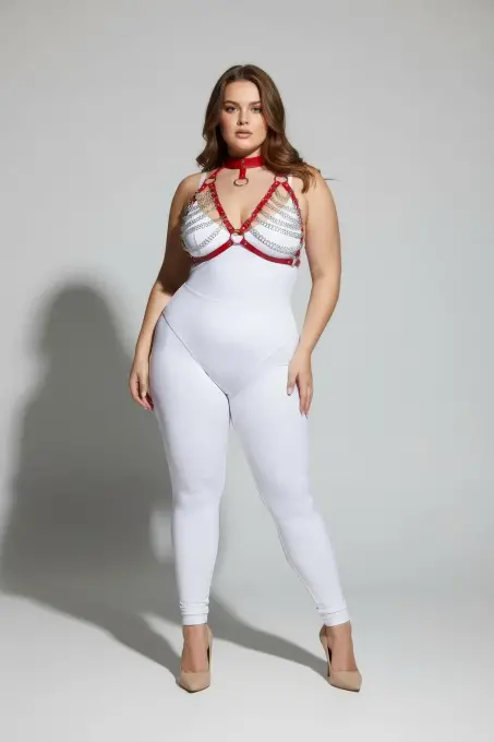 Büyük Beden Kırmızı Kadın Harness Takım Zincir Detaylı Fantezi Choker Yaka - APFT945 - 4