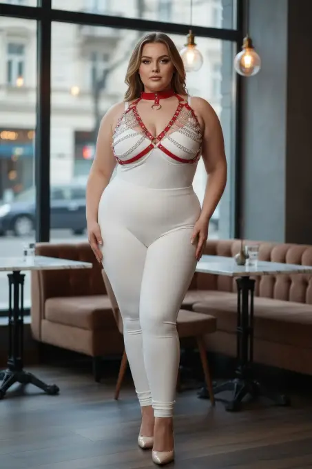 Büyük Beden Kırmızı Kadın Harness Takım Zincir Detaylı Fantezi Choker Yaka - APFT945 - 5