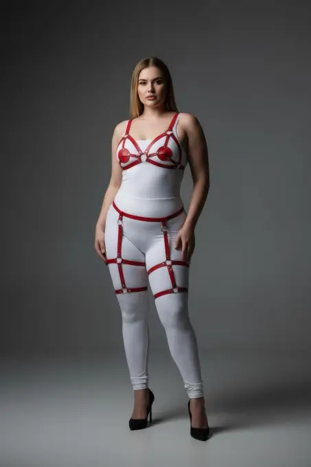 Büyük Beden Kırmızı Kadın Jartiyer Harness Deri Fantazi Giyim Takımı - APFT285 - 1