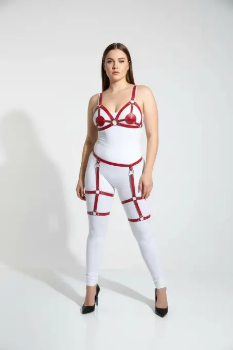 Büyük Beden Kırmızı Kadın Jartiyer Harness Deri Fantazi Giyim Takımı - APFT285 - 4