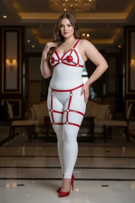 Büyük Beden Kırmızı Kadın Jartiyer Harness Deri Fantazi Giyim Takımı - APFT285 - 5