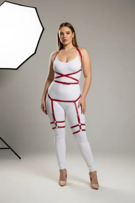 Büyük Beden Kırmızı Kadın Jartiyer Harness Deri Fantazi Vücut Takımı - APFT274 - 2
