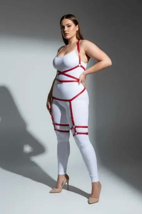 Büyük Beden Kırmızı Kadın Jartiyer Harness Deri Fantazi Vücut Takımı - APFT274 - 3
