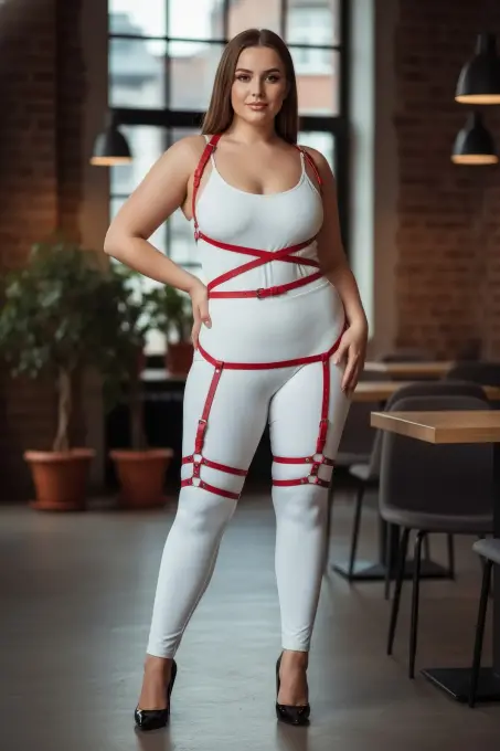 Büyük Beden Kırmızı Kadın Jartiyer Harness Deri Fantazi Vücut Takımı - APFT274 - 5