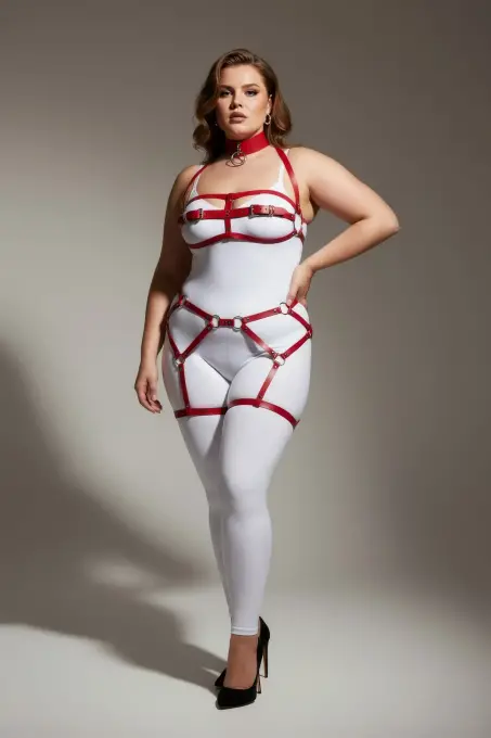Büyük Beden Kırmızı Kadın Jartiyer Harness Deri Görünümlü Vücut Kombini - APFT242 - 2