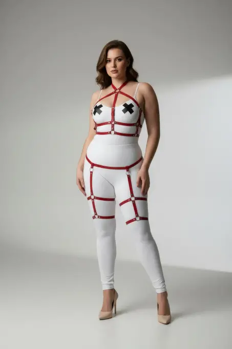 Büyük Beden Kırmızı Kadın Jartiyer Harness Deri Vücut Aksesuarı Kombini - APFT272 - 1