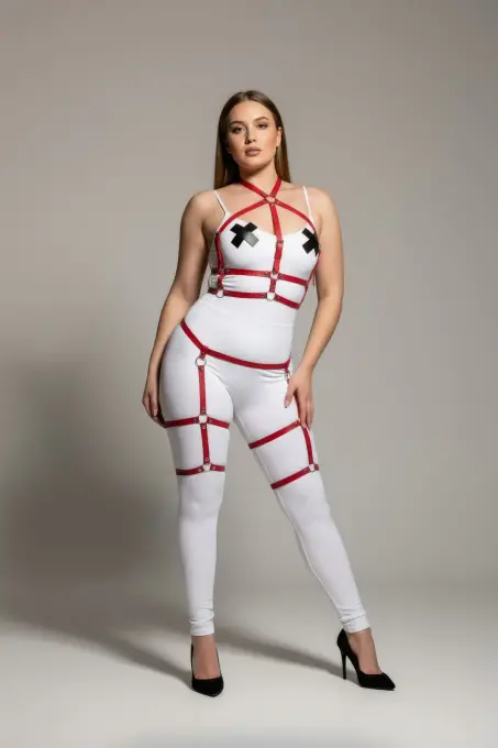 Büyük Beden Kırmızı Kadın Jartiyer Harness Deri Vücut Aksesuarı Kombini - APFT272 - 2