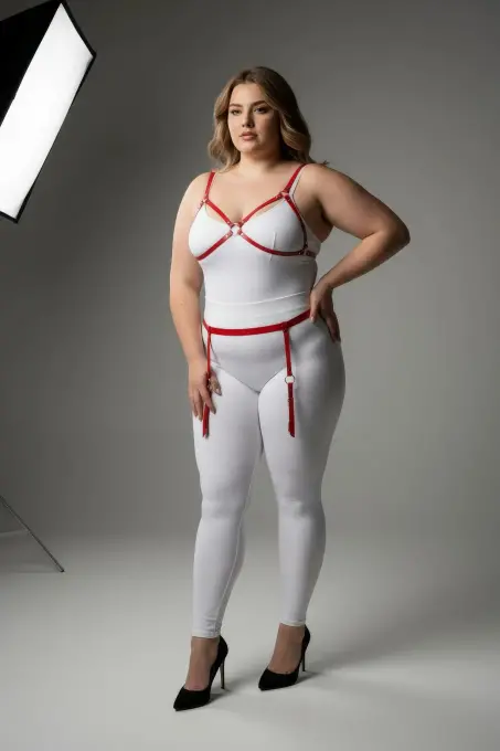 Büyük Beden Kırmızı Kadın Jartiyer Harness Özel Tasarım Deri Takım - APFT228 - 1