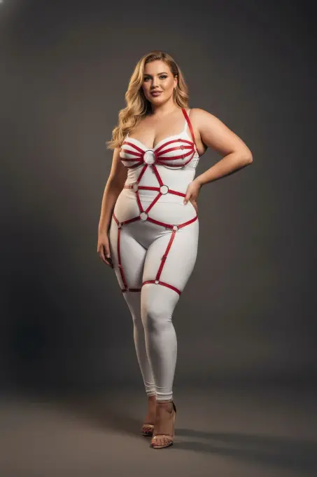 Büyük Beden Kırmızı Kadın Jartiyer Harness Tam Vücut Halka Detaylı Fantazi Aksesuar - APFT568 - 1