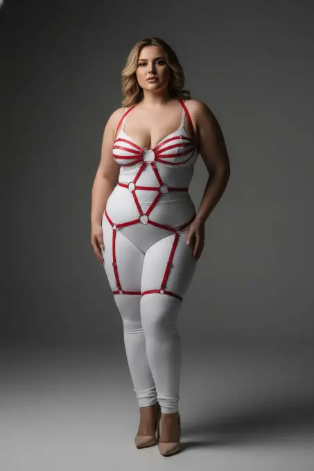 Büyük Beden Kırmızı Kadın Jartiyer Harness Tam Vücut Halka Detaylı Fantazi Aksesuar - APFT568 - 2