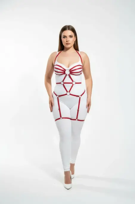 Büyük Beden Kırmızı Kadın Jartiyer Harness Tam Vücut Halka Detaylı Fantazi Aksesuar - APFT568 - 3