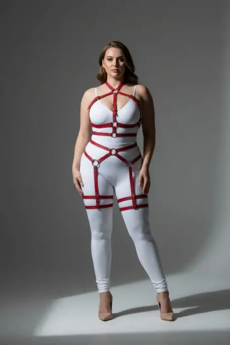 Büyük Beden Kırmızı Kadın Jartiyer Harness Tüm Vücut Saran Deri Fantazi Aksesuar - APFT598 - 1