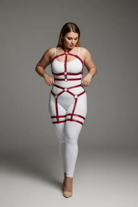 Büyük Beden Kırmızı Kadın Jartiyer Harness Tüm Vücut Saran Deri Fantazi Aksesuar - APFT598 - 2