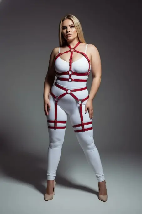 Büyük Beden Kırmızı Kadın Jartiyer Harness Tüm Vücut Saran Deri Fantazi Aksesuar - APFT598 - 4