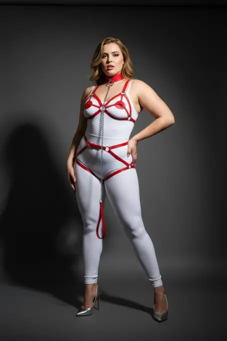 Büyük Beden Kırmızı Kadın Jartiyer Harness Zincir Detaylı Deri Tam Vücut Aksesuarı - APFT311 - 3