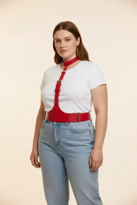 Büyük Beden Kırmızı Kadın Kemer Askılı Korse Stil Deri Aksesuar - APFT1297 - Angels Passion (1)