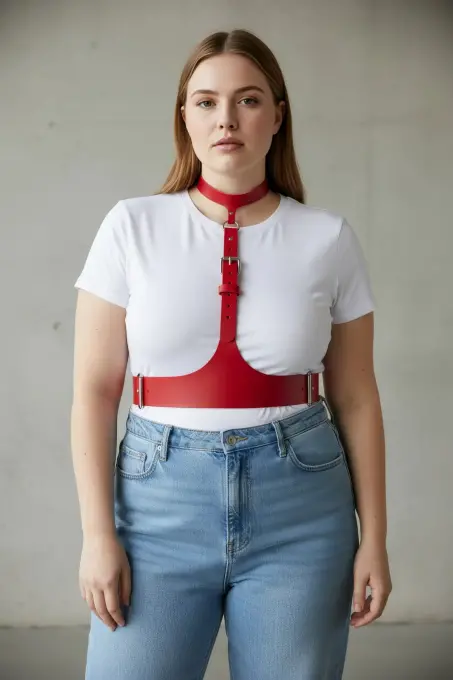 Büyük Beden Kırmızı Kadın Kemer Askılı Korse Stil Deri Aksesuar - APFT1297 - 3