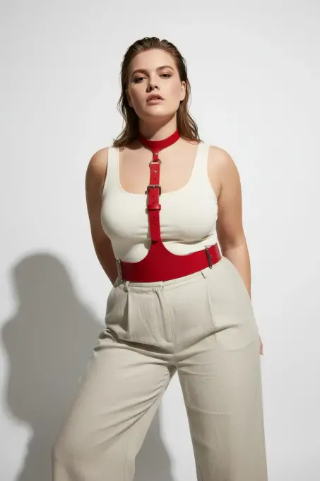 Büyük Beden Kırmızı Kadın Kemer Askılı Korse Stil Deri Aksesuar - APFT1297 - 5