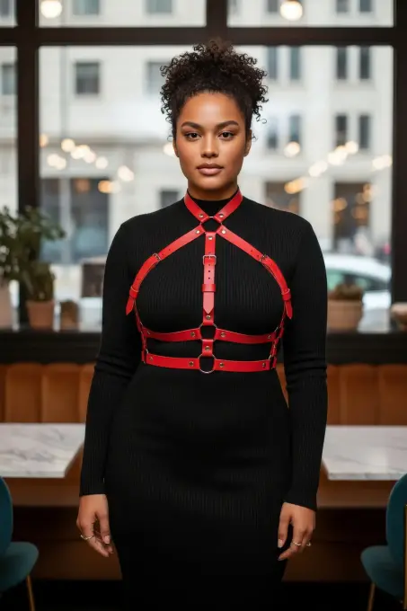 Büyük Beden Kırmızı Kadın Kemer Ayarlanabilir Deri Harness Vücut Aksesuarı - APFT218 - 1