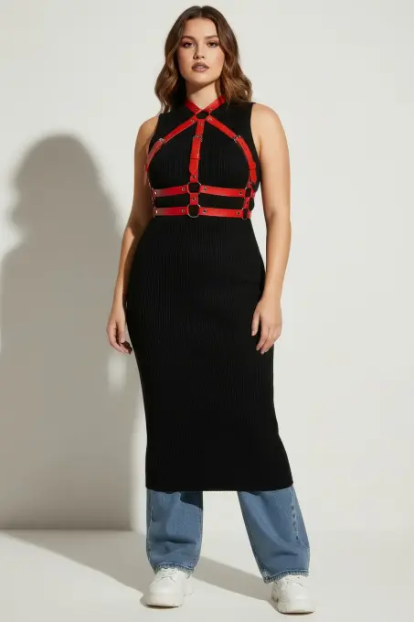 Büyük Beden Kırmızı Kadın Kemer Ayarlanabilir Deri Harness Vücut Aksesuarı - APFT218 - 5