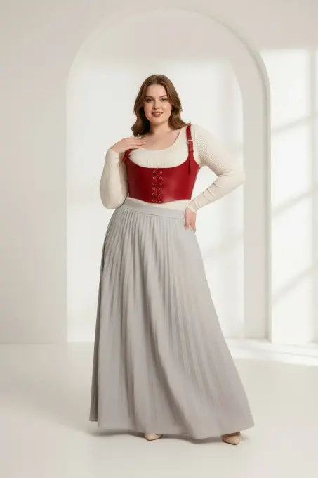 Büyük Beden Kırmızı Kadın Kemer Bağcıklı Deri Korse Harness - APFT1428 - 2