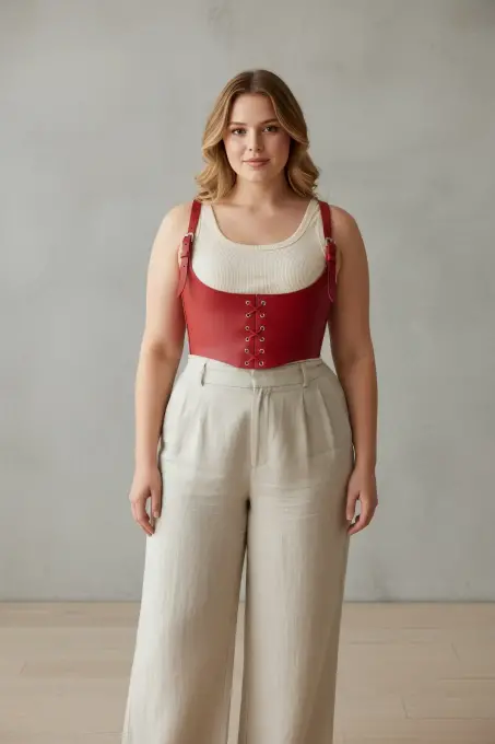 Büyük Beden Kırmızı Kadın Kemer Bağcıklı Deri Korse Harness - APFT1428 - 3