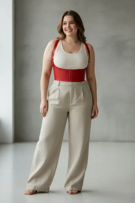 Büyük Beden Kırmızı Kadın Kemer Bağcıklı Korse Stili Omuz Askılı - APFT855 - 2