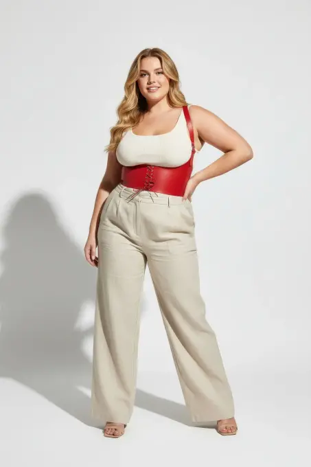 Büyük Beden Kırmızı Kadın Kemer Bağcıklı Korse Stili Omuz Askılı - APFT855 - 4