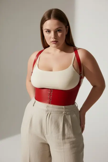 Büyük Beden Kırmızı Kadın Kemer Bağcıklı Korse Stili Omuz Askılı - APFT855 - 5