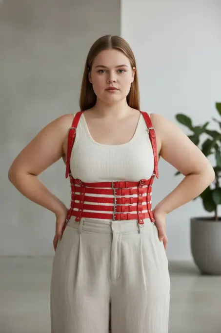 Büyük Beden Kırmızı Kadın Kemer, Çoklu Askılı Deri Vücut Kuşağı - APFT630 - 3
