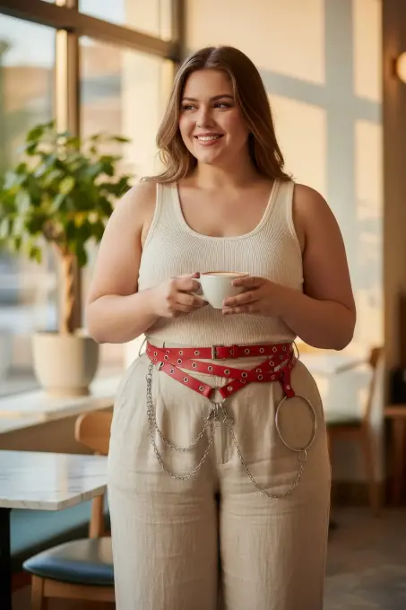 Büyük Beden Kırmızı Kadın Kemer Çoklu Kayışlı Zincir ve Halka Detaylı - APFT621 - 5