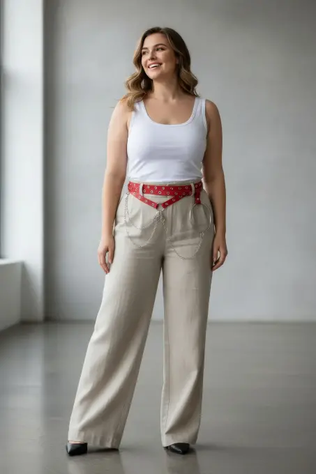 Büyük Beden Kırmızı Kadın Kemer Çoklu Kayışlı Zincir ve Halka Detaylı - APFT621 - 2