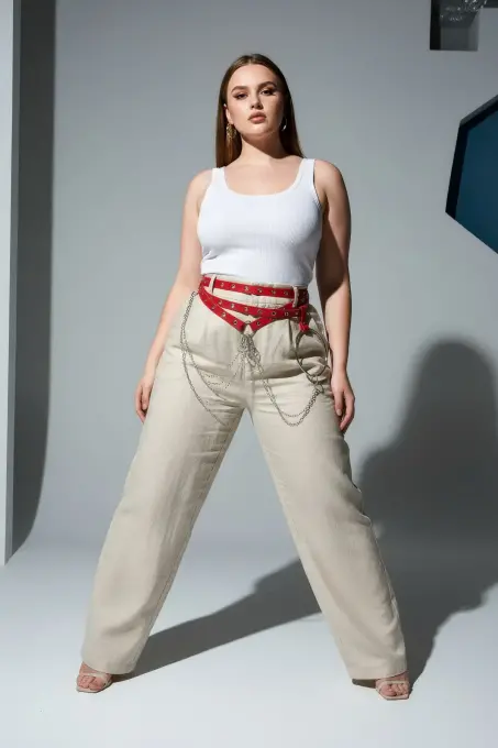 Büyük Beden Kırmızı Kadın Kemer Çoklu Kayışlı Zincir ve Halka Detaylı - APFT621 - 3