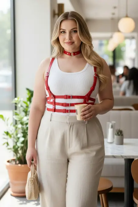 Büyük Beden Kırmızı Kadın Kemer Deri Harness Korse Görünümlü Vücut Aksesuarı - APFT615 - 1