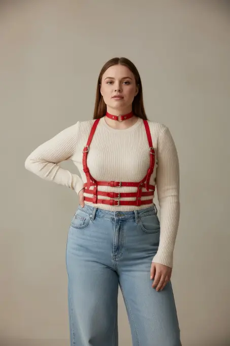 Büyük Beden Kırmızı Kadın Kemer Deri Harness Korse Görünümlü Vücut Aksesuarı - APFT615 - 2