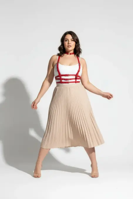 Büyük Beden Kırmızı Kadın Kemer Deri Harness Korse Görünümlü Vücut Aksesuarı - APFT615 - 4