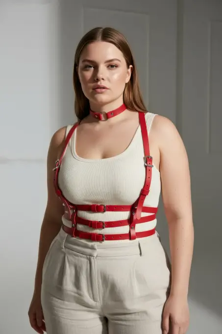Büyük Beden Kırmızı Kadın Kemer Deri Harness Korse Görünümlü Vücut Aksesuarı - APFT615 - 5