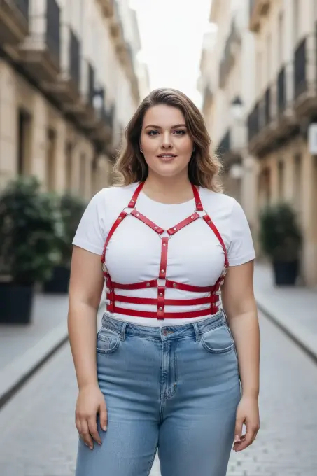 Büyük Beden Kırmızı Kadın Kemer Deri Harness Korse Tarzı Vücut Aksesuarı - APFT760 - 1