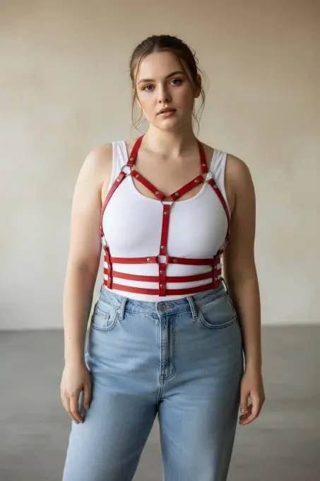 Büyük Beden Kırmızı Kadın Kemer Deri Harness Korse Tarzı Vücut Aksesuarı - APFT760 - 3
