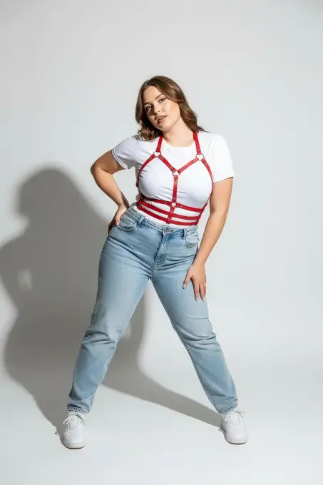 Büyük Beden Kırmızı Kadın Kemer Deri Harness Korse Tarzı Vücut Aksesuarı - APFT760 - 4