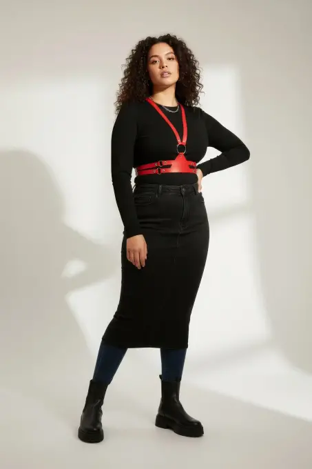 Büyük Beden Kırmızı Kadın Kemer Deri Harness O - 1