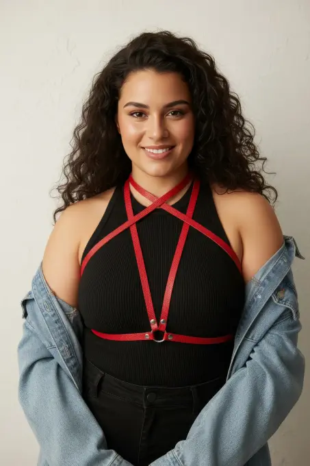 Büyük Beden Kırmızı Kadın Kemer Deri Harness Tarzı Elbise Aksesuarı - APFT15 - 3