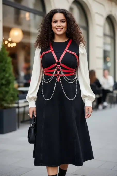 Büyük Beden Kırmızı Kadın Kemer Deri Harness Zincir Detaylı Vücut Aksesuarı - APFT9 - 1