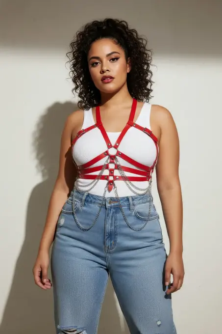 Büyük Beden Kırmızı Kadın Kemer Deri Harness Zincir Detaylı Vücut Aksesuarı - APFT9 - 4