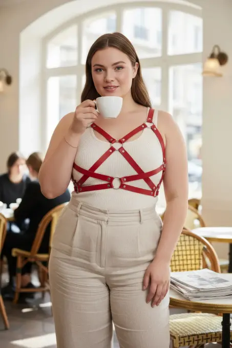 Büyük Beden Kırmızı Kadın Kemer Deri Korse Detaylı Vücut Aksesuarı - APFT816 - 1