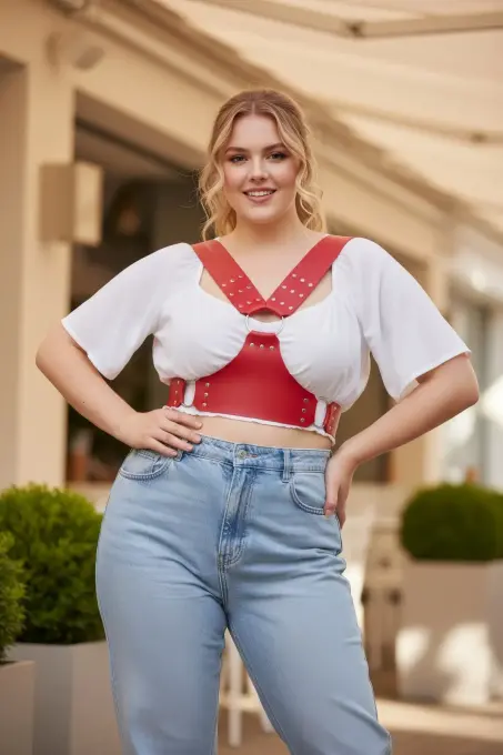 Büyük Beden Kırmızı Kadın Kemer Deri Korse Stil Zımbalı Askılı - APFT936 - 1