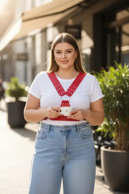 Büyük Beden Kırmızı Kadın Kemer Deri Korse Stil Zımbalı Askılı - APFT936 - 2