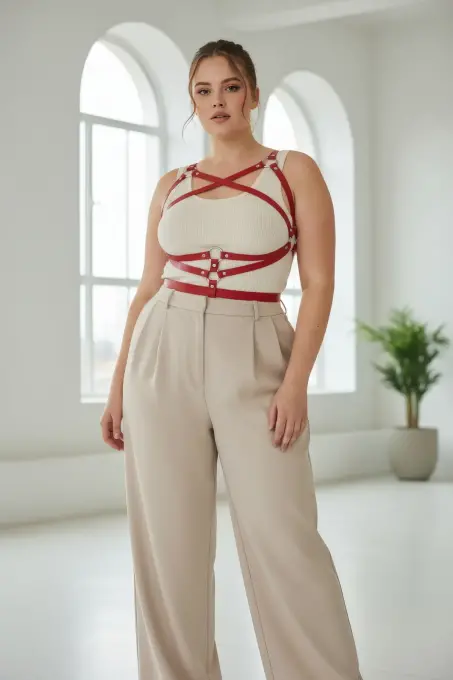 Büyük Beden Kırmızı Kadın Kemer Deri Vücut Aksesuarı Korse Detaylı - APFT991 - 2