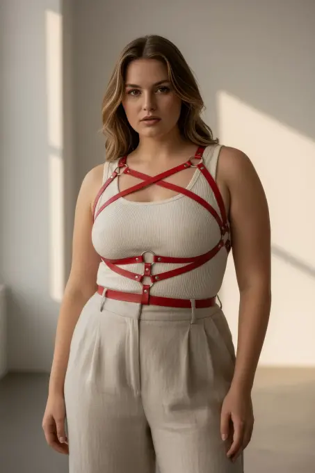 Büyük Beden Kırmızı Kadın Kemer Deri Vücut Aksesuarı Korse Detaylı - APFT991 - 3